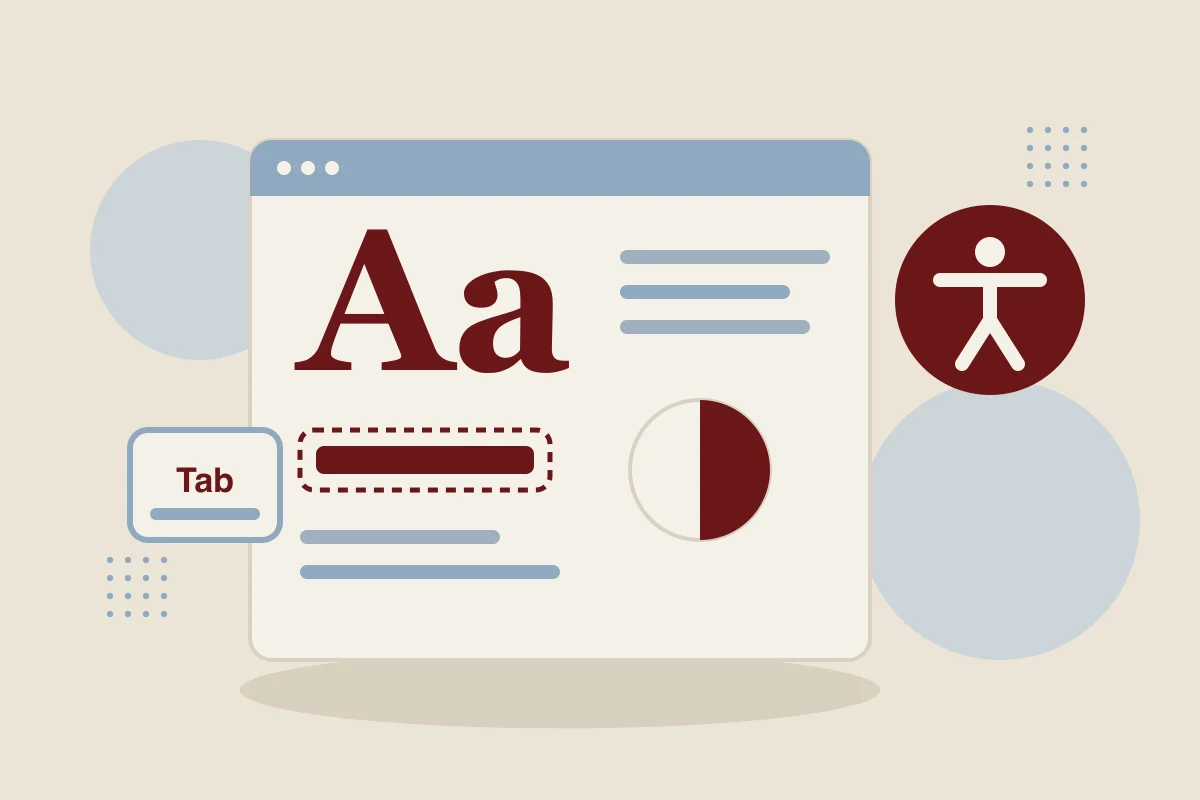 Illustration: Browserfenster mit großer Schrift, Kontrastsymbol, Tabulatortaste und Symbol für Barrierefreiheit.