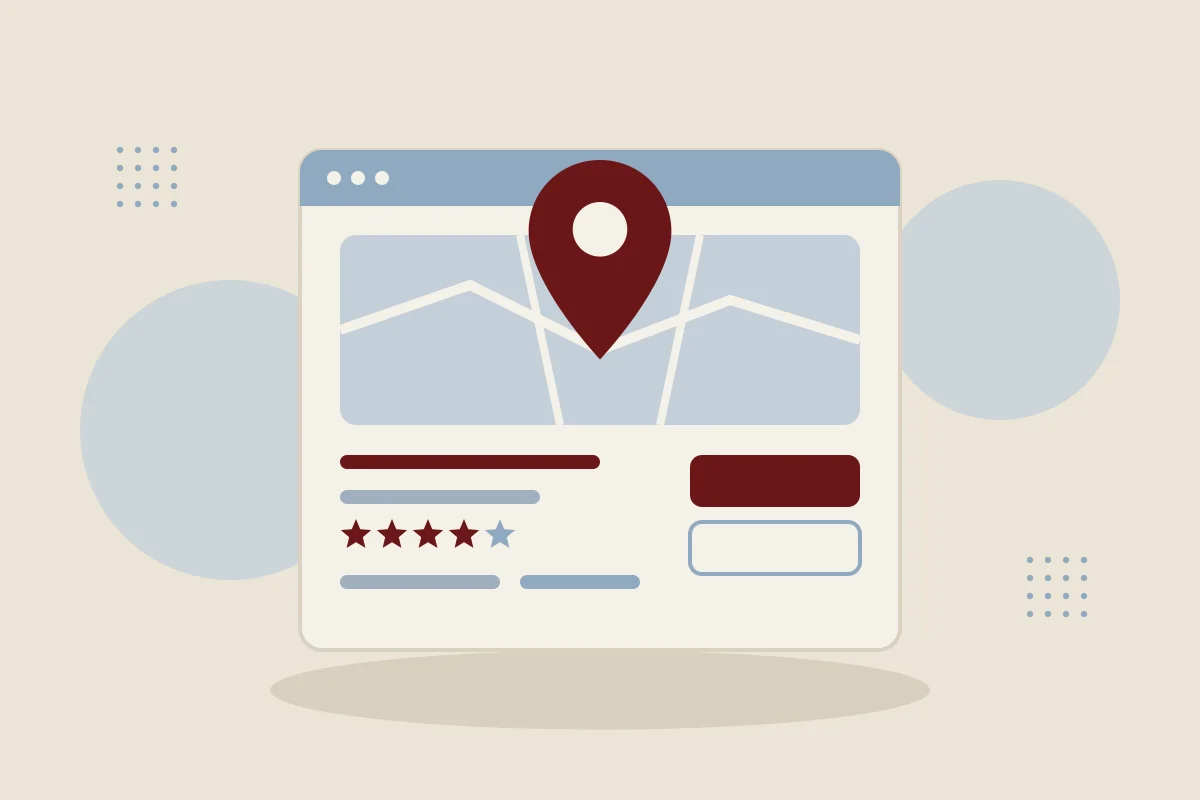 Illustration: Browserfenster mit Karte, Standortnadel und Sternebewertung eines Unternehmensprofils.