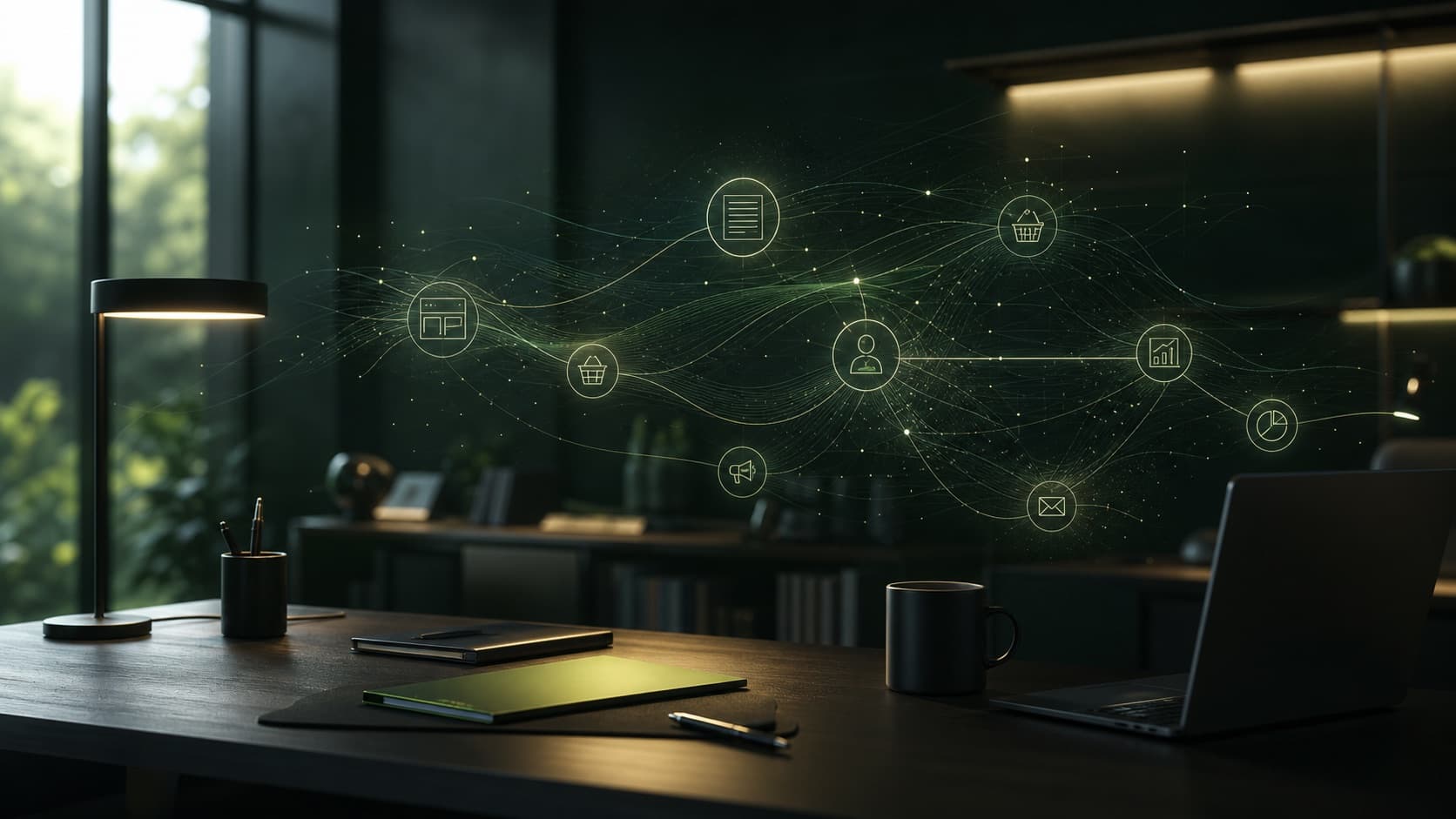 Abstraktes KI-System aus Website, Content, Ads, CRM und Analyse