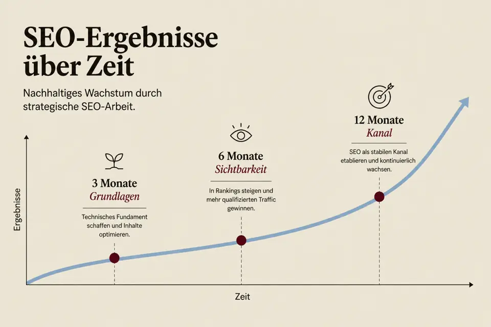 Timeline Infografik: SEO Erwartungen nach 3, 6 und 12 Monaten