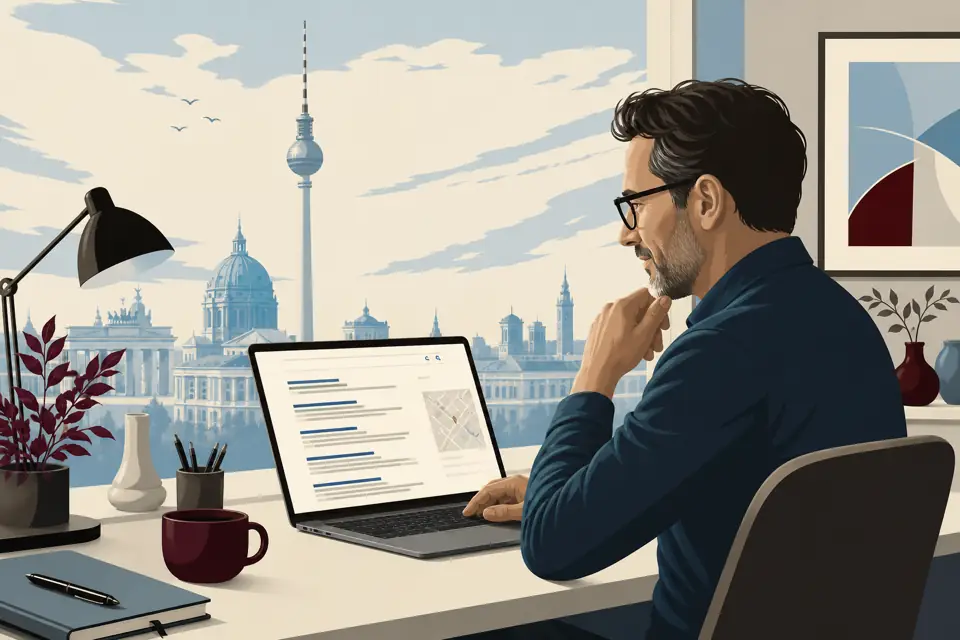 Illustration: Inhaber vergleicht Website Angebote am Laptop