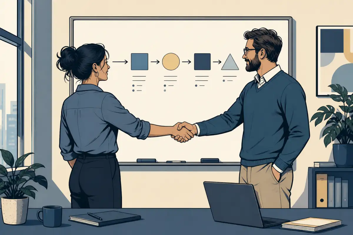 Illustration: Zusammenarbeit an der Reihenfolge. KI generiert.