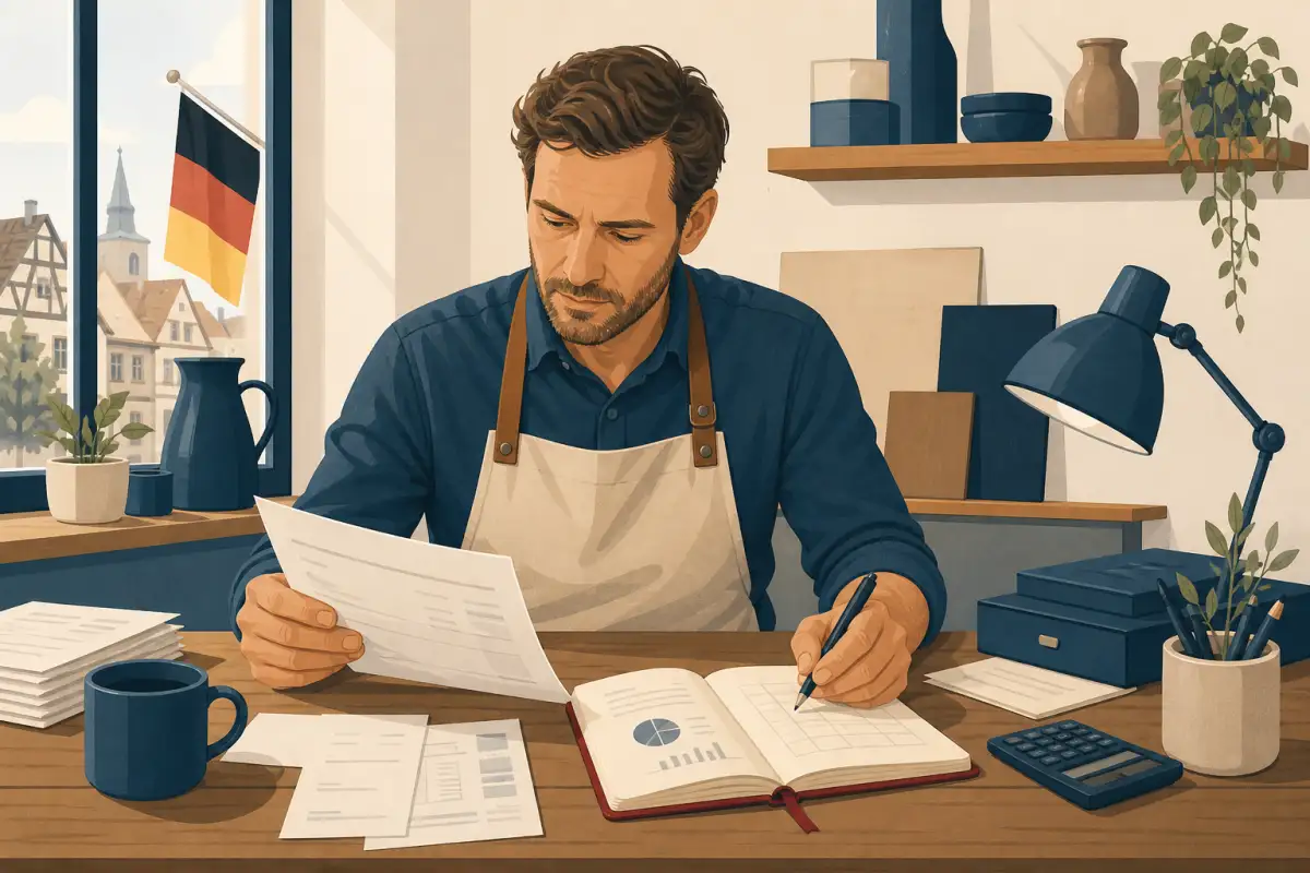 Illustration: Inhaber prüft Budget und Angebote. KI generiert.