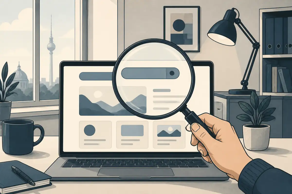 Illustration: Suche und Website Prüfung. KI generiert.