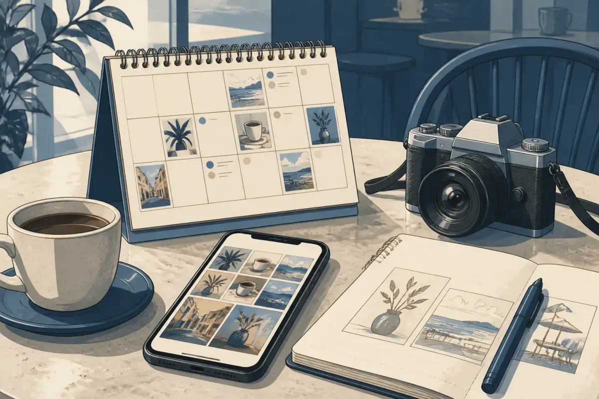 Illustration: Planung von Beiträgen am Smartphone. KI generiert.