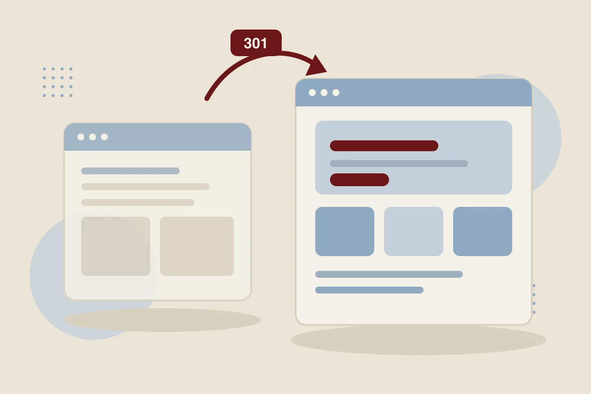 Illustration: alte und neue Website, verbunden durch einen Pfeil mit der Aufschrift 301.