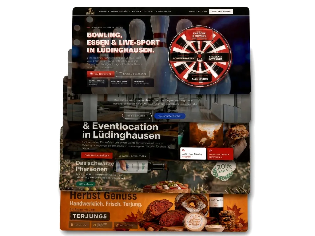 Website Projekte von everads: Lightning Sportsbar, Bau Service, Event Service und Terjung Shop
