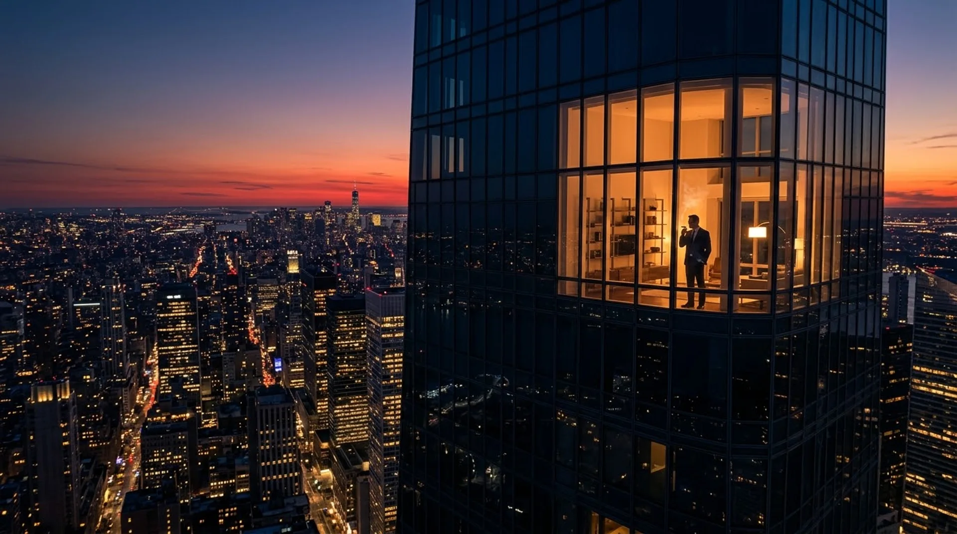Skyline am Abend mit erleuchtetem Büro im Hochhaus Großstadt am Abend aus der Höhe: In einem hell erleuchteten Fenster eines Hochhauses steht ein Mann im Anzug, dahinter die Skyline im Abendrot.